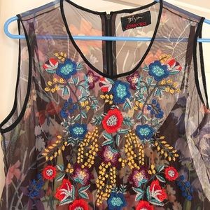 Johnny Was embroidered floral mesh overlay dress